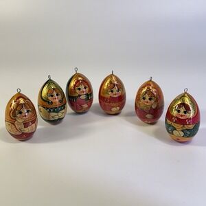 Vintage Russian Hand Made Matryoshka Babushka Wooden Egg Doll Ornaments Gold